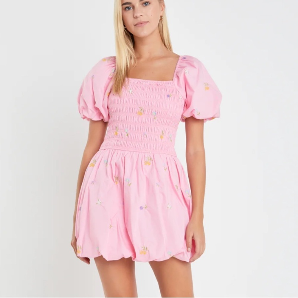 English Factory Smocked Ballon Sleeve Pink Mini Dress Size Medium